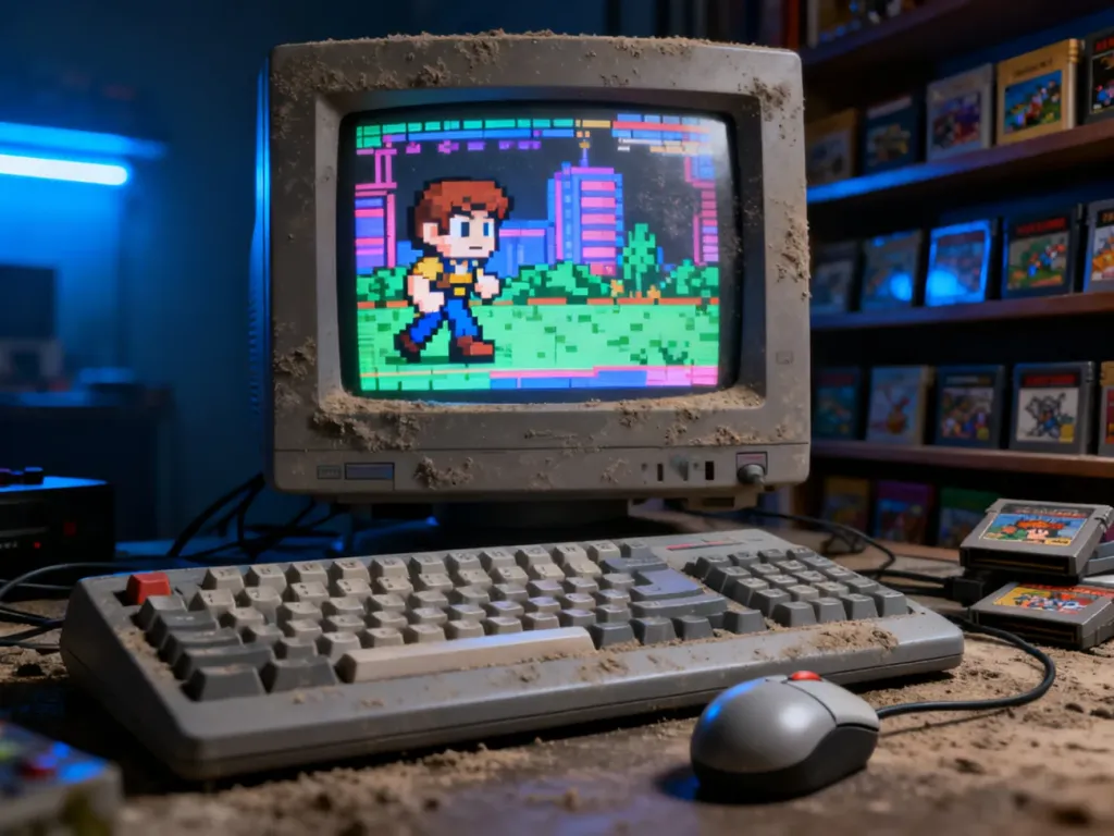 Zestaw retro sprzętu komputerowego z lat 90. z monitorem CRT i klasyczną klawiaturą, przywołujący nostalgię za dawnymi grami.