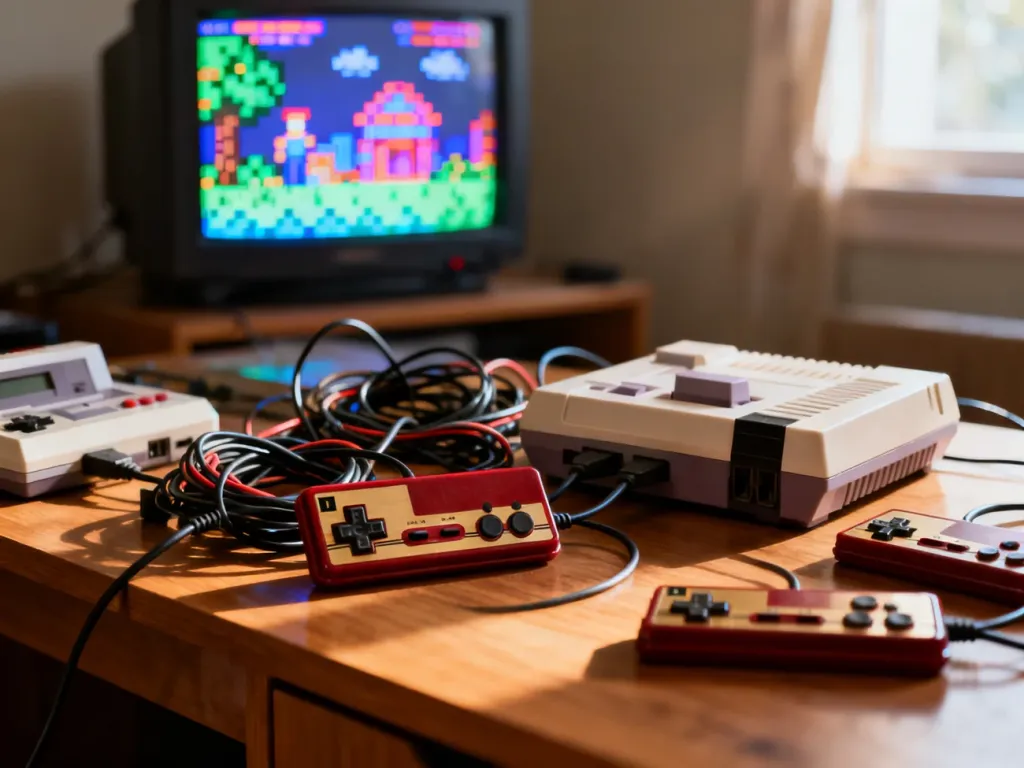 Kolekcja konsol retro i kontrolerów na drewnianym biurku z włączonym telewizorem CRT, budująca nostalgiczny klimat gamingu.