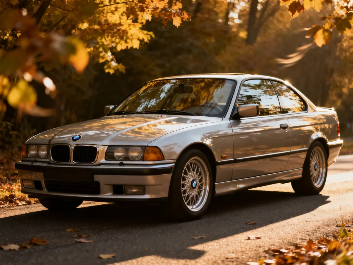 Oryginalne BMW E36 coupé w dobrym stanie na tle zielonej, spokojnej drogi