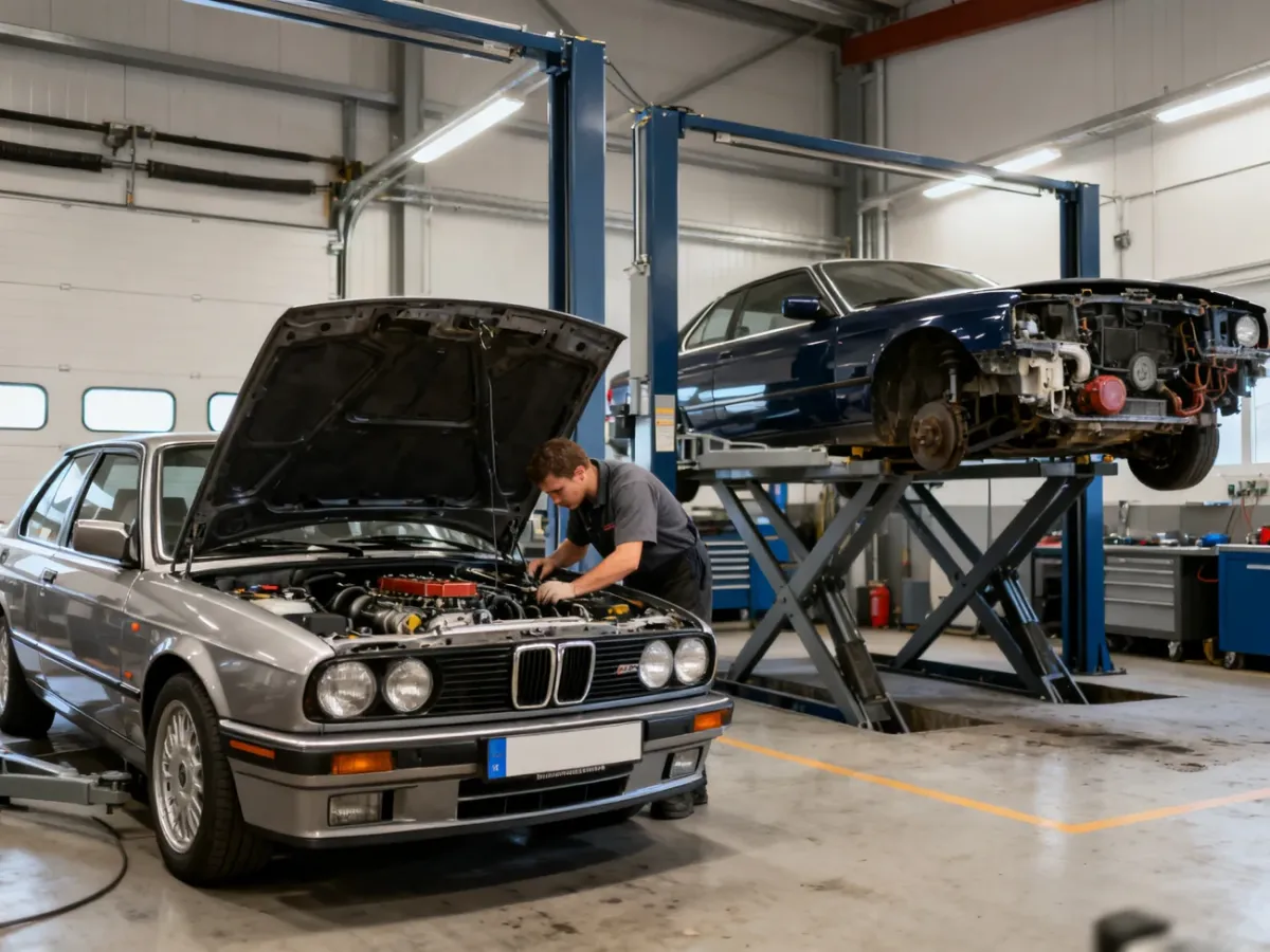 Mechanik sprawdzający youngtimera w warsztacie przed zakupem