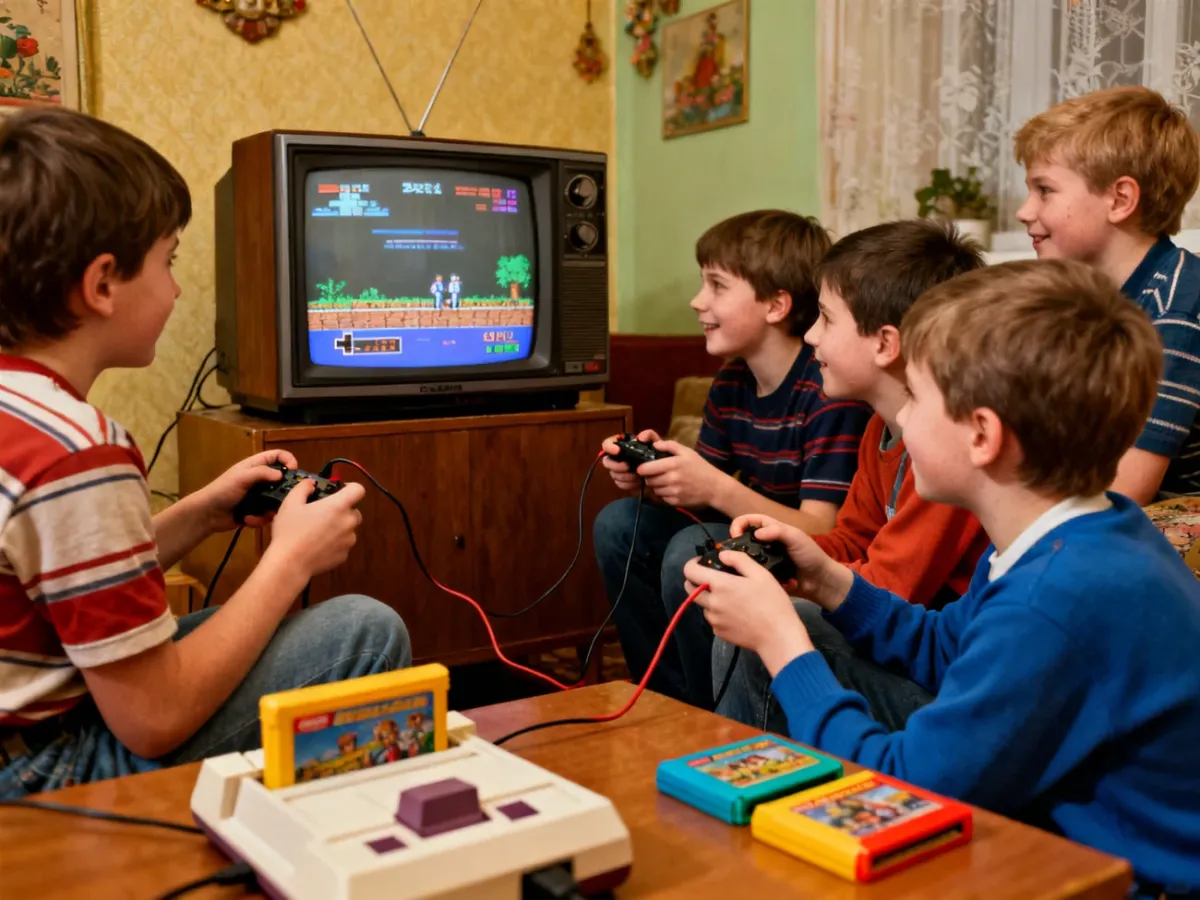 Children playing a two-player retro console game together