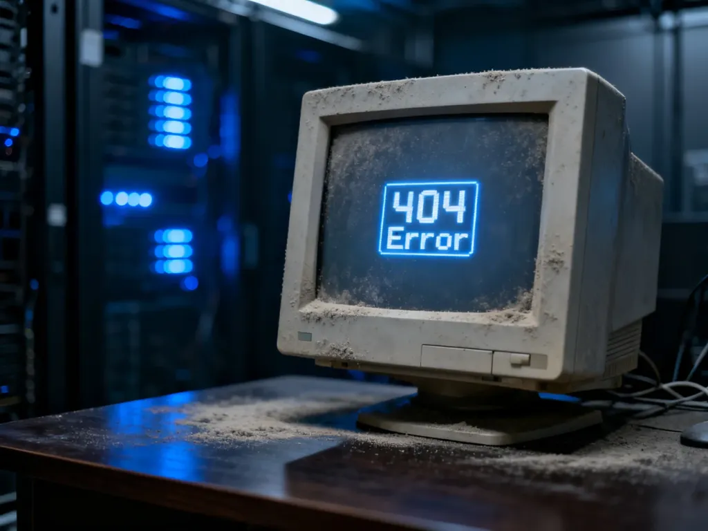 Stary monitor z błędem 404 na tle ciemnej serwerowni, symbolizujący nieistniejące już strony internetowe.