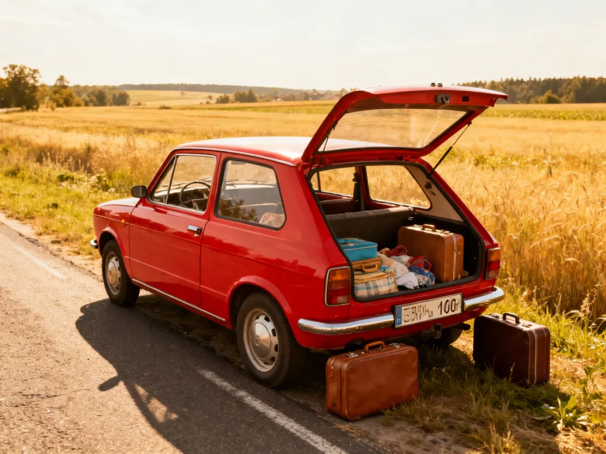 Czerwony Fiat 126p przygotowany do rodzinnego wyjazdu