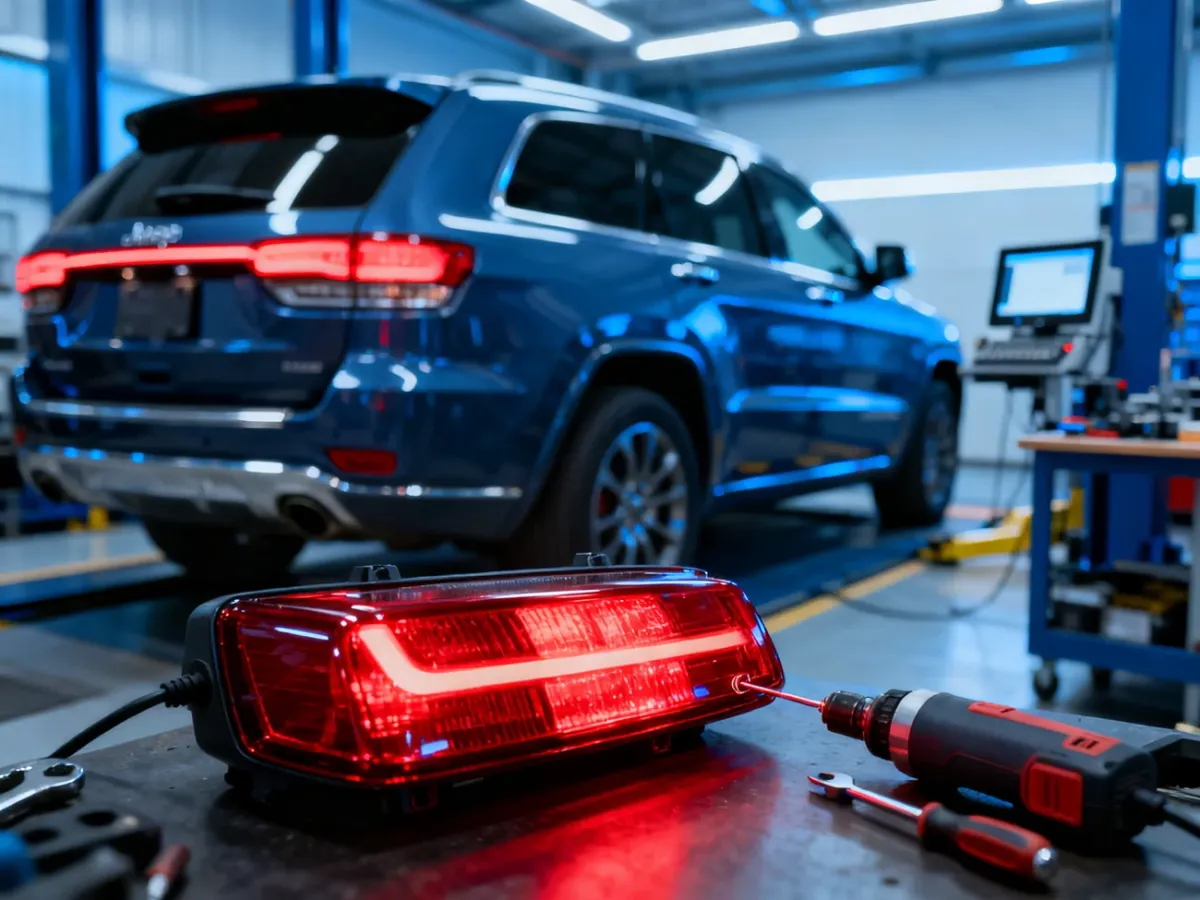 Mechanik w profesjonalnym warsztacie dostosowuje tylne światła amerykańskiego SUV-a do europejskich wymogów technicznych.