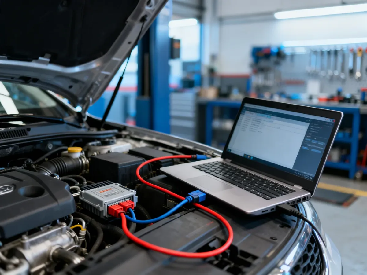 Laptop diagnostyczny podłączony do sterownika silnika w nowoczesnym warsztacie samochodowym podczas sprawdzania auta.