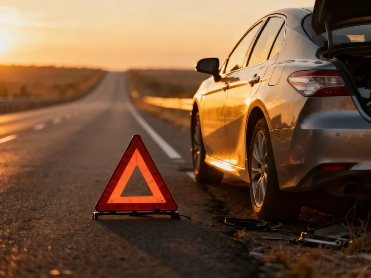 Zepsuty samochód na poboczu autostrady o zachodzie słońca z ustawionym trójkątem ostrzegawczym.