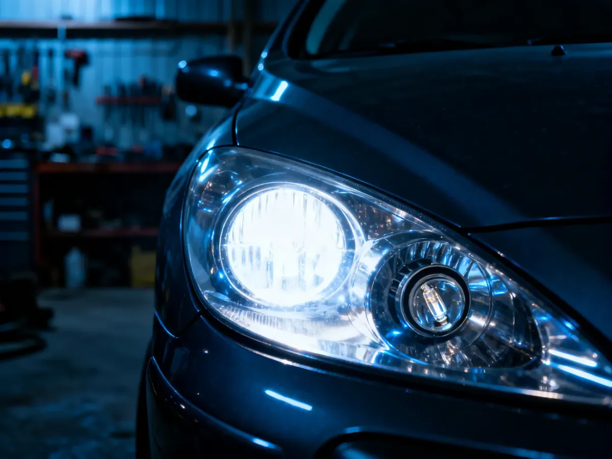 Zbliżenie na włączony reflektor Peugeota 307 w ciemnym garażu, ukazujące detale budowy lampy i gniazdo żarówki.